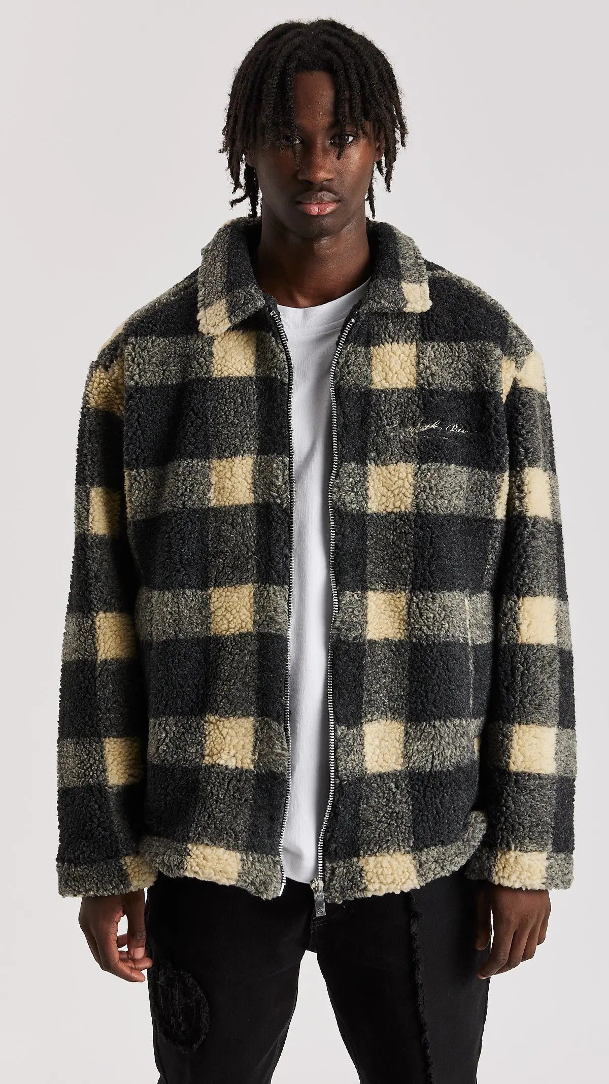 BEIGE CHECK BORG JACKET