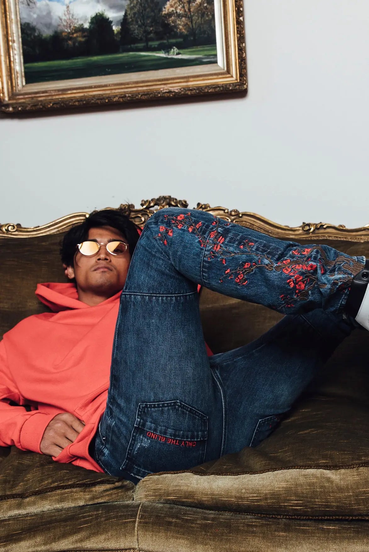 Selvedge Denim blue embroidered blossom - ONLY THE BLIND™